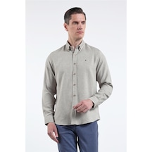 İmza Kahverengi - Beyaz Düğmeli Yaka Uzun Kol Cepsiz Slim Fit Pamuklu Gömlek 1004260164