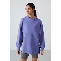 Tommy Life Eflatun Balon Kol Yazı Nakışlı Kadın Oversize Tunik Sweatshirt - 97163 Eflatun