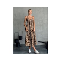 Butik İstanbul Kadın Ip Askılı V Yakalı Uzun Desenli Süprem Elbise Leopar