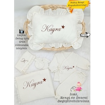 Gros Shop 4katlı Müslin 6'lı Kimono Bağcıklı Tulum %100pamuk Hastane Çıkışı Kişiye Özgü İsimli Nakış Desenli Ekru