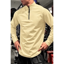 Genius Store Erkek Yarım Fermuarlı Compression Uzun Kol Spor Tişört Ve Fitness Tişörtü Dalgıç-uzun Bej