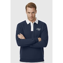 Rizzup Erkek Lacivert Relax Fit İçi Polarlı Polo Yaka Sweatshirt Pamuklu Kalın Sweatshirt 2600762