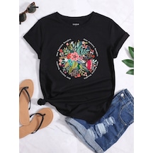 Unisex Siyah Oversize Grow Flowers Baskılı Örme T-shirt Siyah