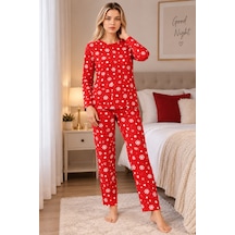 Genel Markalar Kadın Kırmızı Yılbaşı Pijama Takımı Kar Tanesi Desenli Ev Giyim Kırmızı Kırmızı