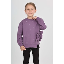 Toontoy Kız Çocuk Oversize Bisiklet Yaka Düşük Omuz Taş Baskılı Yırtmaçlı Sweatshirt - Fiyonklu & 2 İplik Mor