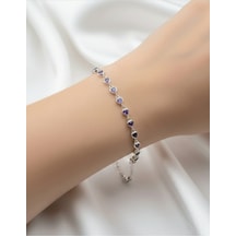 Çekirdekjewelry 925 Ayar Gümüş Kalplı Taşlı Bileklik Gri Mor
