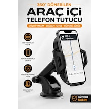 360 Dönebilen Araç Telefon Tutucu - Çift Montajlı Ön Cam + Torpido Tüm Telefonlara Uyumlu Siyah