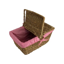 Hasır Rattan Örme Piknik Sepeti Dikdörtgen Ekoseli 18795 Sarı