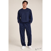 Tarz Cool Erkek Oversize %100 Oyşo Bisiklet Yaka Sweatshirt Bol Paça Alt Üst Takım Lacivert