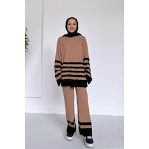 Ka Hijab Çift Renk Çizgili Triko Takım - Camel