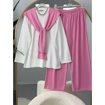 Lovie Moda Kadın Çıkarılabilir Şal Detaylı Pantolonlu Tesettür Takım Pembe