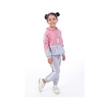 Toontoy Kids Toontoy Kız Çocuk 2'li Takım Kapüşonlu Cepli Sweatshirt & Beli Paçası Lastikli Jogger Eşofman Altı - Renk Bloklu & Bant Detaylı & 2 İplik Gül Kurusu