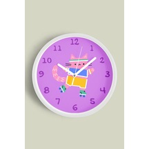 Paten Kayan Sevimli Kedi Çocuk Odası Duvar Saati - 35cm - Önü Camlı Beyaz Kasa - Sessiz Mekanizma Beyaz
