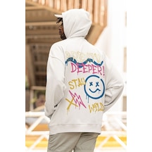 Breath Deeper Yazılı Unisex Oversize Tasarım Hoodie Beyaz