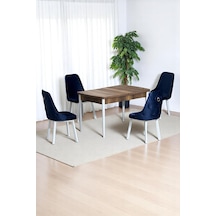 Monera Ceviz 80 x 132 Açılabilen MDF Masa Metal Ayaklı Mutfak Masası Takımı 4 Lacivert Sandalye