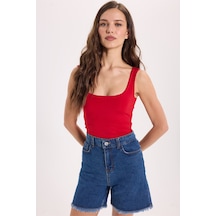 Tudors Kadın Slim Fit Dar Kesim Askılı Kare Yaka Sırtı Açık Sandy Kumaş Çıtçıtlı Bordo Body-51250