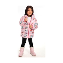 Kız Çocuk Polarlı Kapüşonlu Penguen Şeker Desenli Kışlık Şişme Mont & Kaban & Parka-40 Pembe