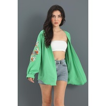 Kimono Reglan Kol Nakışlı Keten - Yeşil Çok Renkli