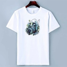 Tarzsokak Unısex Oversıze Pamuklu Fotograf Makinası Baskılı Siyah Beyaz Indigo Renk T-shirt Beyaz