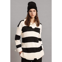 DeFacto Regular Fit Polo Yaka Çizgili Triko Kazak Tunik B8370AX24SPER133 Ekru