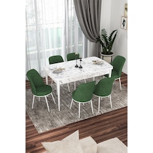 Canisa Kor Serisi 70x114 Açılabilir Mutfak Masası Takımı Beyaz Mermer Desen Masa 6 Haki Yeşil Sandalye Masa Beyaz Mermer Desenli Sandalyeler Haki Yeşili