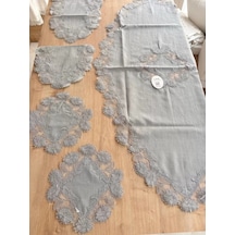 Salon Takımı Çeyizlik Gri Runner Set 5 Parça Keten Masa Örtüsü Runneri Flowers Çok Renkli