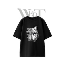 Thewert Mavi Gozlu Kurt Tasarım Baskılı Ünisex Siyah Oversize T-shirt