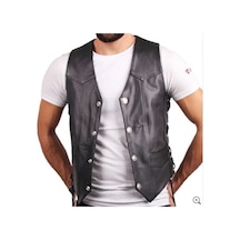 Hakiki Deri Siyah Erkek Motorcu Deri Yelek Siyah