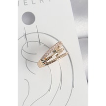 Pirinç Gold Renk Zirkon Taşlı 3'lü Sıralı Model Kadın Kıkırdak Küpe çok renkli