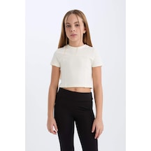 DeFacto Kız Çocuk Slim Fit Dar Kesim Bisiklet Yaka Kısa Kollu Tişört D9789A825SMER99 Ekru