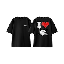 Thewert Bateri Drum Müzik 3 Tasarım Sırt Baskılı Pamuk Siyah Oversize T-shirt