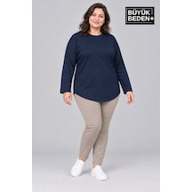 Superlife Süperlife Kadın Büyük Beden Bisiklet Yaka Süprem İnce Uzun Kollu Oval Etek Tişört Spr26btsk943 Lacivert