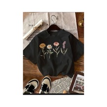 Medinenur Çiçekler Baskılı Basic T-shirt Siyah