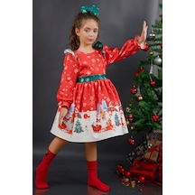 Riccotarz Kız Çocuk Kar Tanesi Desenli Kolları Fırfırlı Noel Baskılı Kırmızı Elbise