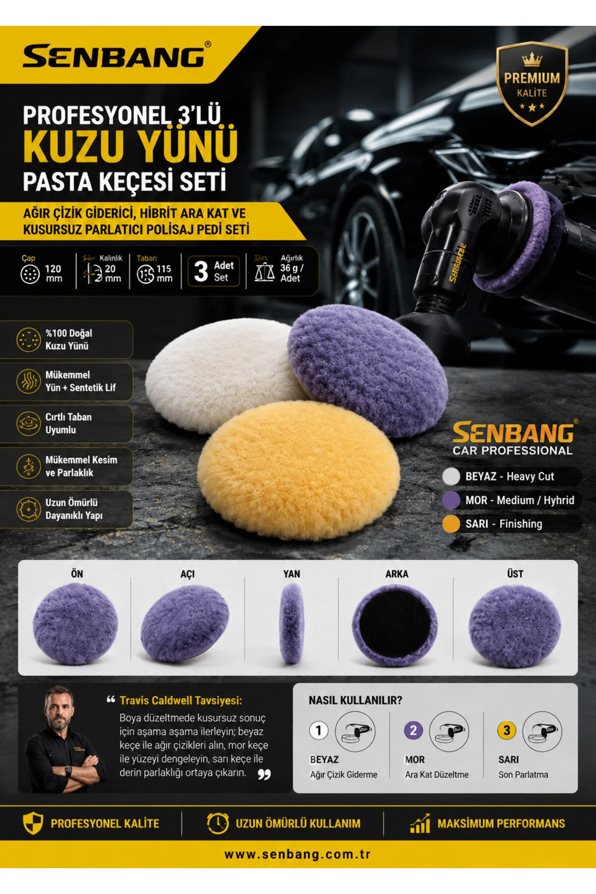 Senbang Profesyonel 3 Lü Kuzu Yünü Pasta Keçesi Seti 120 Mm Cırtlı Polisaj Pedi - Ağır Çizik Giderici, Ara Kat Ve Son Parlatma