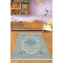 Mavi Klasik Göbekli Dokuma Pamuk Taban Kaymaz Kilim Klm029n11