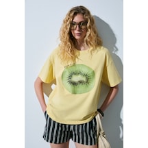 Grımelange Asterıve Kadın Organik Pamuklu Baskılı Bisiklet Yaka Oversıze Sarı T-shirt Sarı