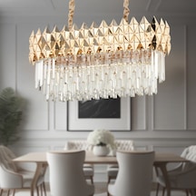 Rodya 80'lik Sıralı Gold Kristal Taşlı Modern Yemek Odası Salon Sarkıt Avize Sarı