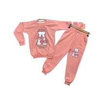 Kız Çocuk Arizona A Harf Desenli Kolu Çizgi Şeritli Bisiklet Yaka Somon Renk Eşofman Takımı 001