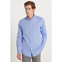 Tudors Erkek Slim Fit Dar Kesim Uzun Kollu Keten Premium Seri Düğmeli Yaka Spor Mavi Gömlek-35354 Mavi
