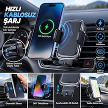 İphone 18 Pro Max Uyumlu 15w Hızlı Kablosuz Şarjlı Araç İçi Telefon Tutucu 360 Döner Havalandırma Montajlı
