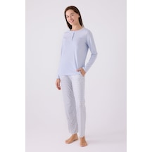 Pierre Cardin Paris 8888 Kadın Uzun Kol Yaka Düğmeli Desenli Pijama Takım mavi
