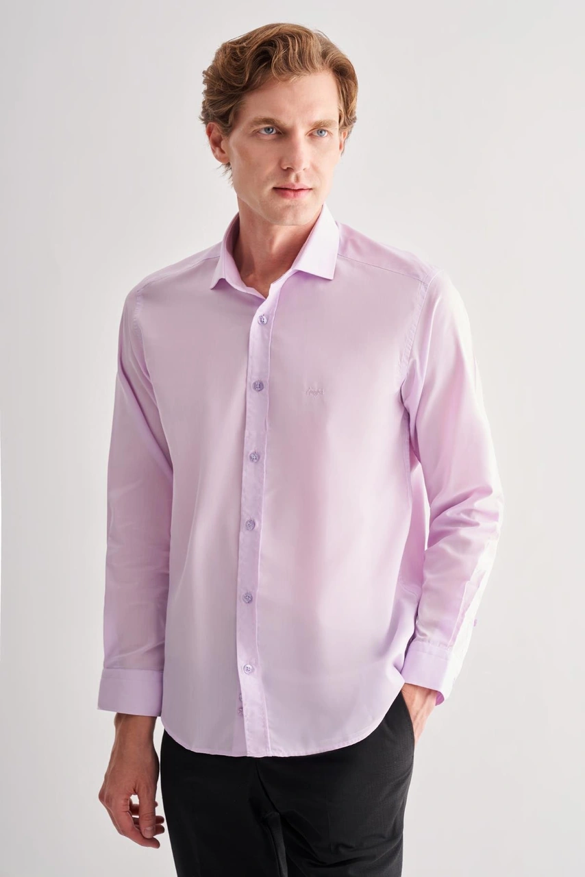 İmza Lila Yarım İtalyan Yaka Uzun Kol Slim Fit Pamuklu Gömlek 1004255180 Lila