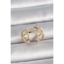 Pirinç Gold Renk Ayarlanabilir Zirkon Taşlı İncili Yıldız Model Kadın Yüzük - Tj-byk3392 Çok Renkli