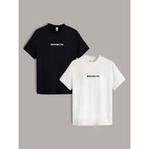 2'li Siyah Beyaz - Unisex Oversize Yaka Brooklyn Baskılı Örme T-shirt Siyah-beyaz