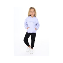 Toontoy Kids Toontoy Kız Çocuk Kapüşonlu Kanguru Cepli Baskılı Eşofman Takım Koyu Mavi
