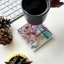 Cam Bardak Altlığı Retro Coffee 4'lü Takım Beyaz