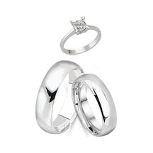 6 Mm Bombeli Gümüş Çift Alyans Söz Yüzüğü Tektaş Hediye Wr20