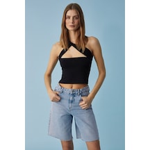 Ethıquet Ujeran  Kadın Asimetrik Yaka Slim Fit Kolsuz Siyah Bluz