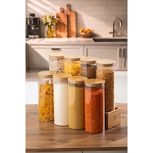 Porsima 4-4 Bambu Borosilikat Vakumlu Kapaklı Yuvarlak Cam 8li Kavanoz Seti Saklama Kabı 2100ml 10x30cm